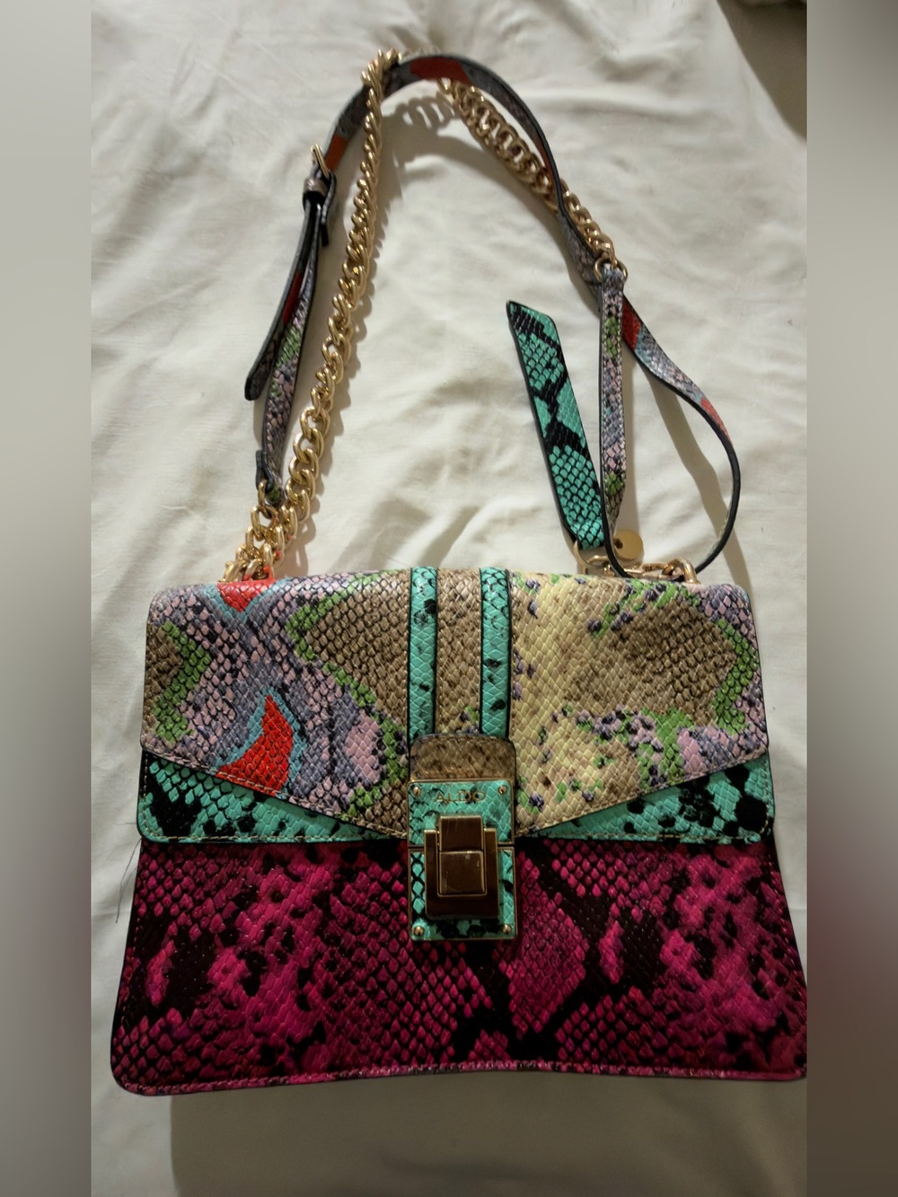 Aldo Multicolor Snakeskin Shoulder Bag with Gold Chain Detail